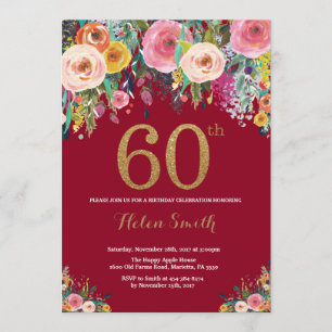 Burgundy Floral 60 cumpleaños Invitación a oro