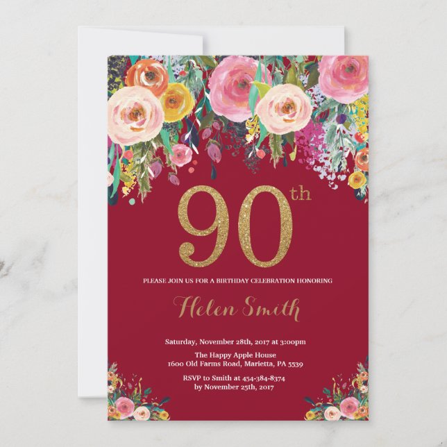 Burgundy Floral 90 cumpleaños Invitación a oro (Anverso)