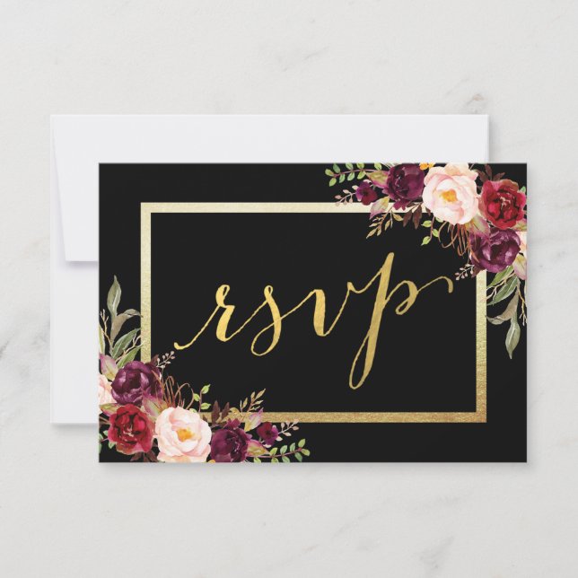 Burgundy Floral Black Gold Script Wedding RSVP (Anverso)