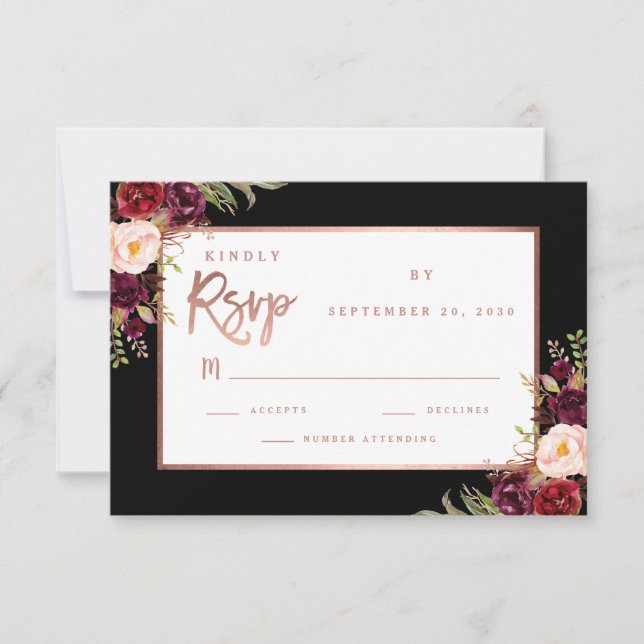 Burgundy Floral Black Rosa Gold Moody Wedding RSVP (Anverso)