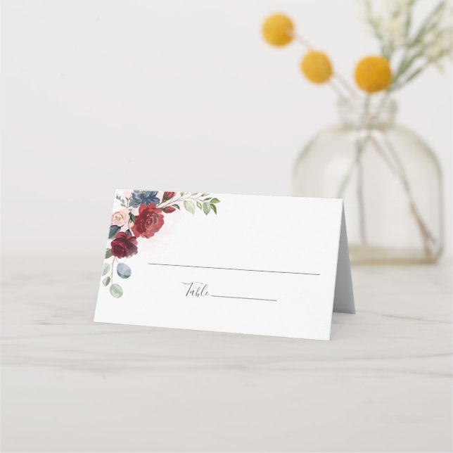 Burgundy Floral Boda Botánico Tarjeta de Lugar (Anverso)