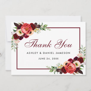 Burgundy Floral Boho Boda Gracias Tarjeta B