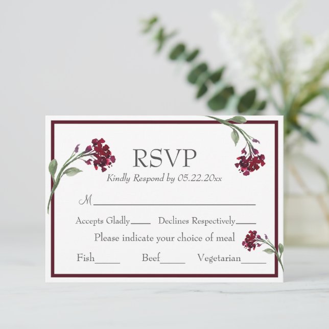 Burgundy Floral Elegant Rustic Watercolor RSVP (Anverso de pie)