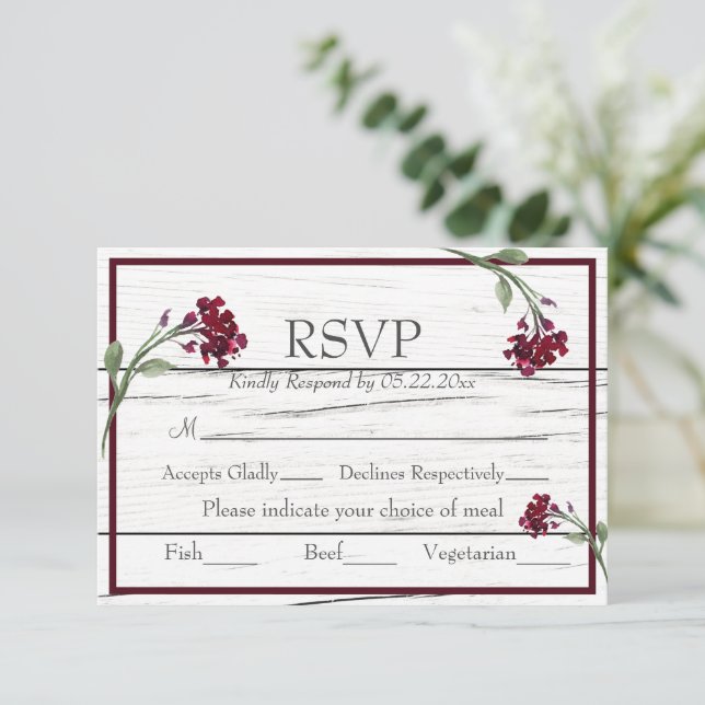 Burgundy Floral Elegant Rustic Watercolor RSVP (Anverso de pie)