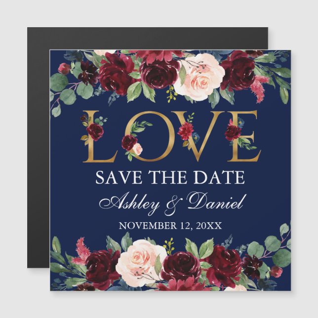 Burgundy Floral Gold Love Magnetic Save The Date (Anverso/Reverso)