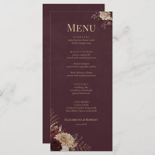 Burgundy Floral Gothic Wedding Menu (Anverso / Reverso)