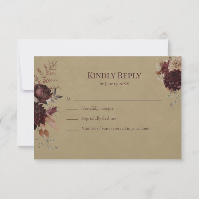 Burgundy Floral Gothic Wedding RSVP Card (Anverso)