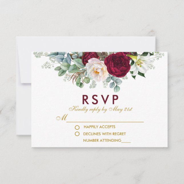 Burgundy Floral Greenery Gold Wedding RSVP (Anverso)