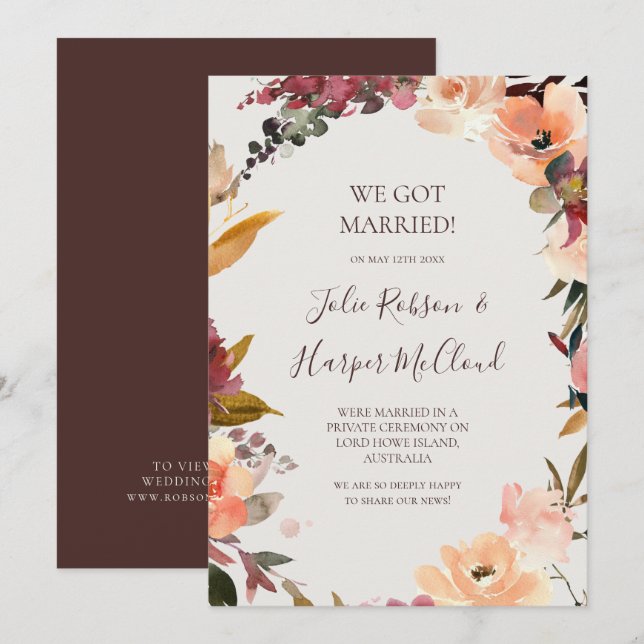 Burgundy Floral | Invitación Beige Elopement (Anverso / Reverso)