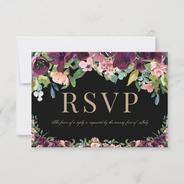 Burgundy Floral Marsala Black Wedding RSVP (Anverso)