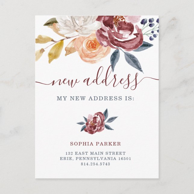 Burgundy Floral | Nueva Invitación de desplazamien (Anverso)