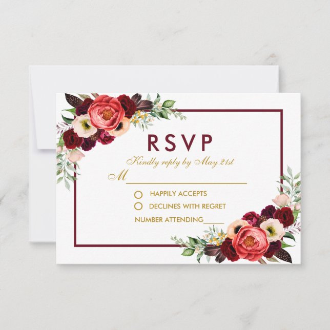 Burgundy Floral Oro Boho Boda RSVP (Anverso)