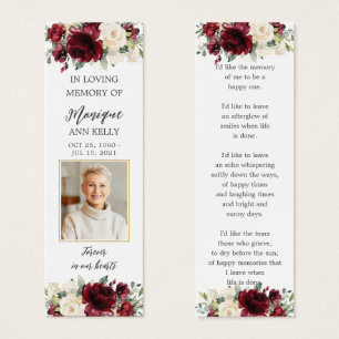 Burgundy Floral Photo Funeral Bookmark