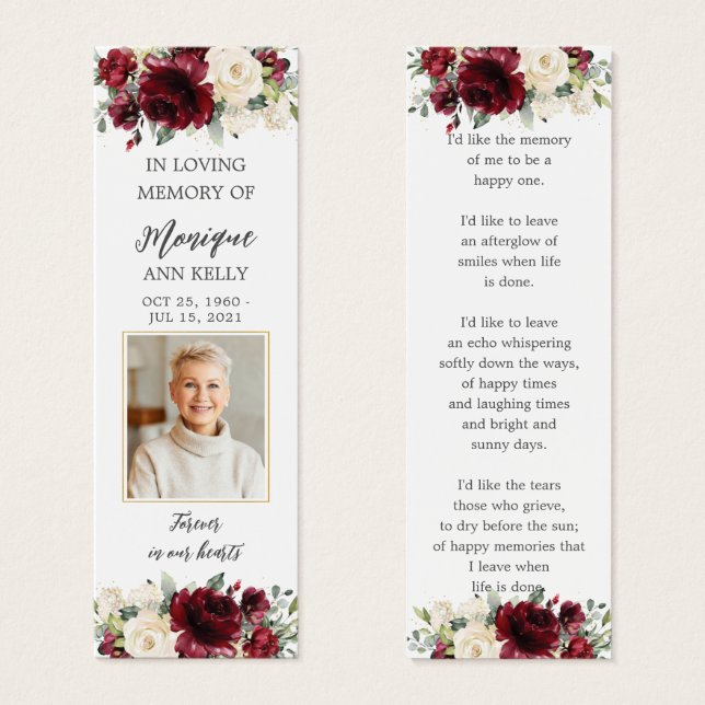 Burgundy Floral Photo Funeral Bookmark (Anverso y reverso)