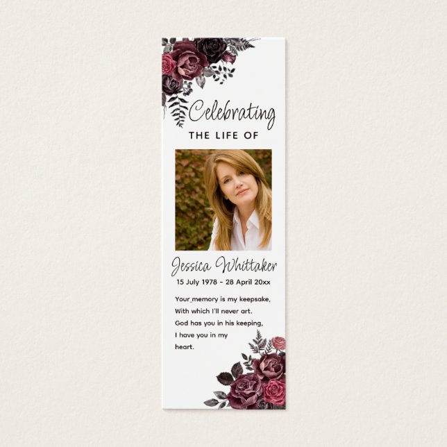 Burgundy Floral Photo Funeral Bookmark (Frente)