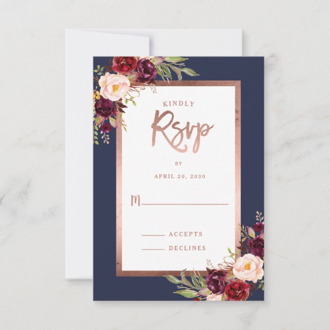 Burgundy Floral Rosa Dorado Moody Boda RSVP (Anverso)