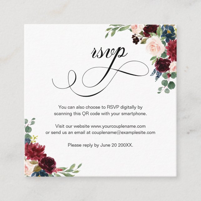 Burgundy Floral Script QR Código Boda Tarjeta RSVP (Anverso)