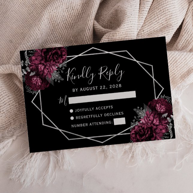 Burgundy Floral Silver Frame Black RSVP Card (Subido por el creador)