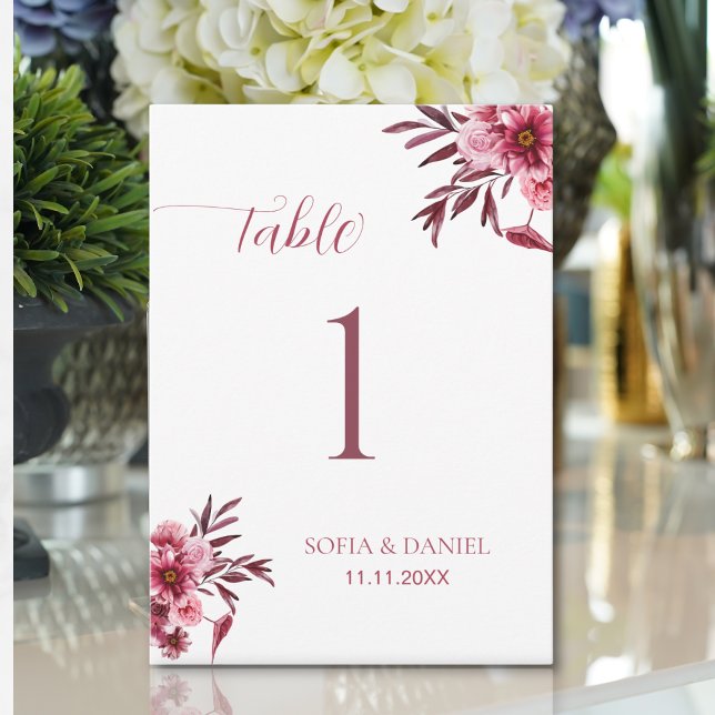 Burgundy Floral Wedding Table Number Card Elegant  (Subido por el creador)