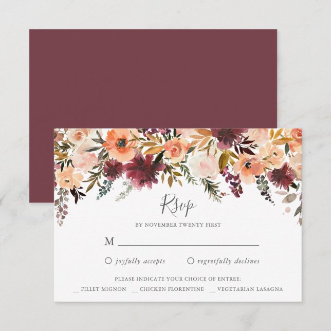 Burgundy Floral Wedding Tarjeta de respuesta RSVP (Anverso / Reverso)
