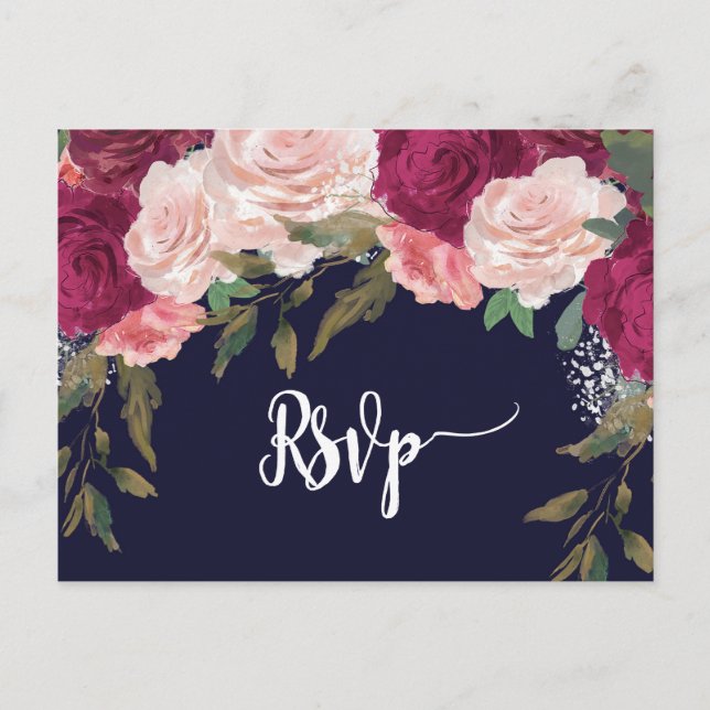 burgundy florals boda rsvp postal marina (Anverso)
