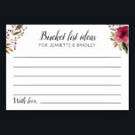 Burgundy Flores Lista de Baldes Ideas Tarjetas de<br><div class="desc">Estas hermosas tarjetas de lista de cubo personalizadas serán el complemento perfecto para tu recepción de boda o ducha de matrimonio o pareja. Este diseño está decorado con flores de color burdeos y ofrece un espacio para que los clientes dejen su lista de cubos con ideas de lugares o actividades...</div>