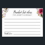 Burgundy Flores Lista de Baldes Ideas Tarjetas de<br><div class="desc">Estas hermosas tarjetas de lista de cubo personalizadas serán el complemento perfecto para tu recepción de boda o ducha de matrimonio o pareja. Este diseño está decorado con flores de color burdeos y ofrece un espacio para que los clientes dejen su lista de cubos con ideas de lugares o actividades...</div>