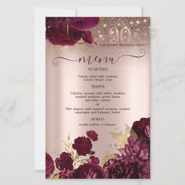 Burgundy Flowers Glitter 90th Birthday Menu Card (Anverso)