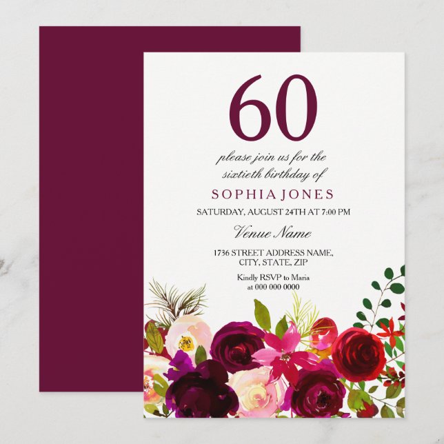 Burgundy Flowers Invitación a la fiesta de cumplea (Anverso / Reverso)