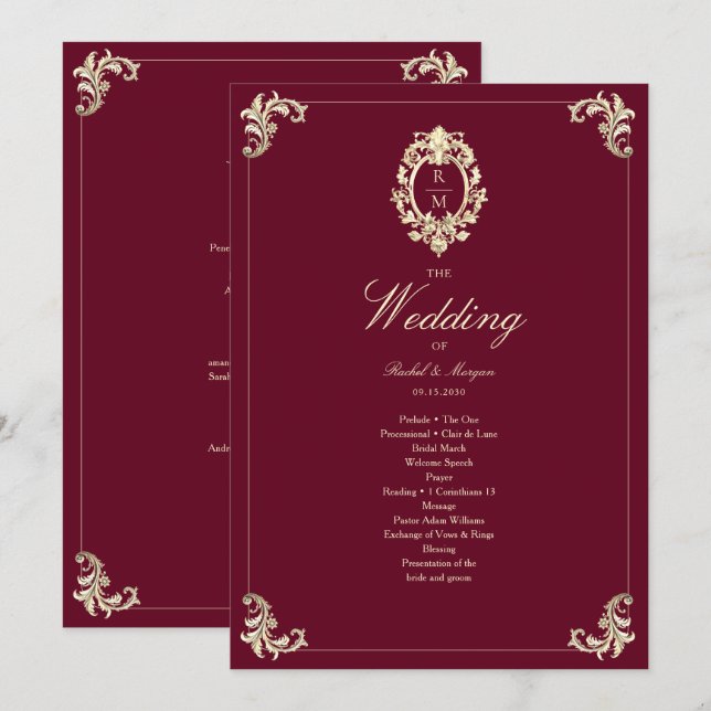 Burgundy Gold Baroque Wedding Ceremony Program (Anverso / Reverso)
