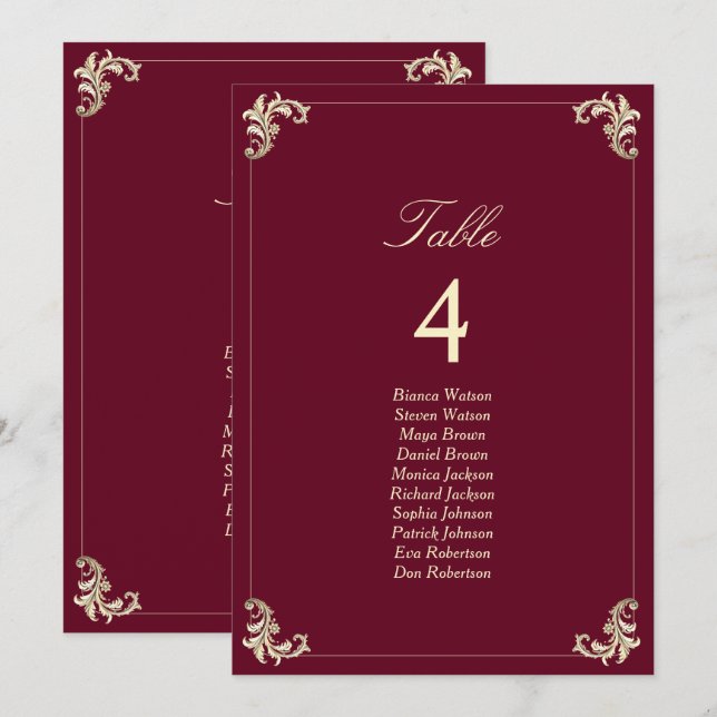 Burgundy Gold Baroque Wedding Seating Chart (Anverso / Reverso)