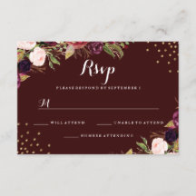 Burgundy Gold Confetti Floral Wedding RSVP
