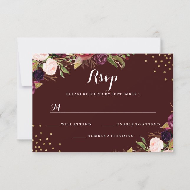 Burgundy Gold Confetti Floral Wedding RSVP (Anverso)