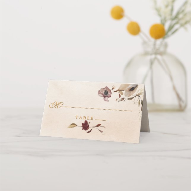Burgundy Gold Floral Boda Tarjeta de plaza (Anverso)