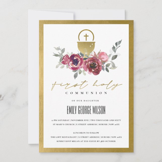 BURGUNDY GOLD FLORAL PRIMERA INVITACIÓN SANTA DE L (Anverso)