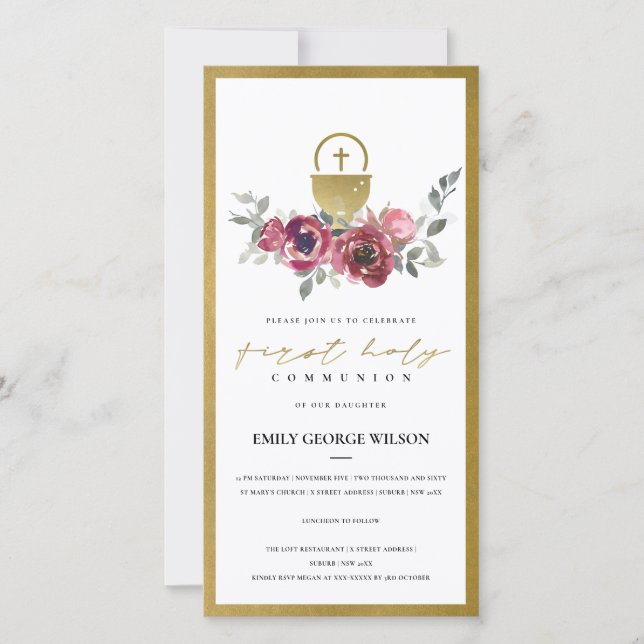 BURGUNDY GOLD FLORAL PRIMERA INVITACIÓN SANTA DE L