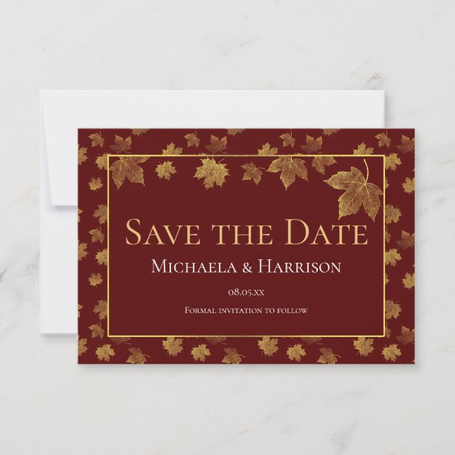 Burgundy & Gold Leaf Guardar la tarjeta de fecha (Anverso)