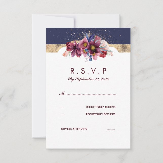 Burgundy Gold y Marsala Wedding RSVP Floral (Anverso)