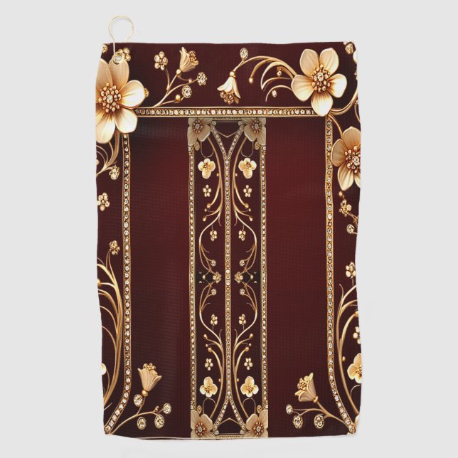Burgundy Golden Flowers Toalla de Golf (Anverso)