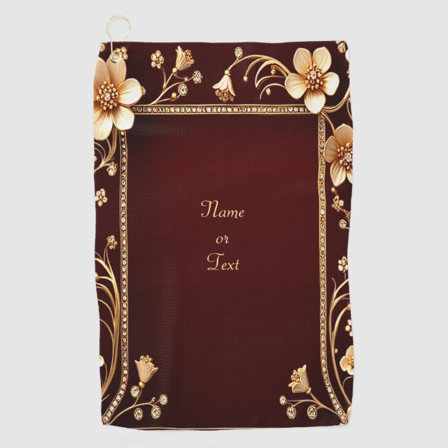 Burgundy Golden Flowers Toalla de Golf (Anverso)