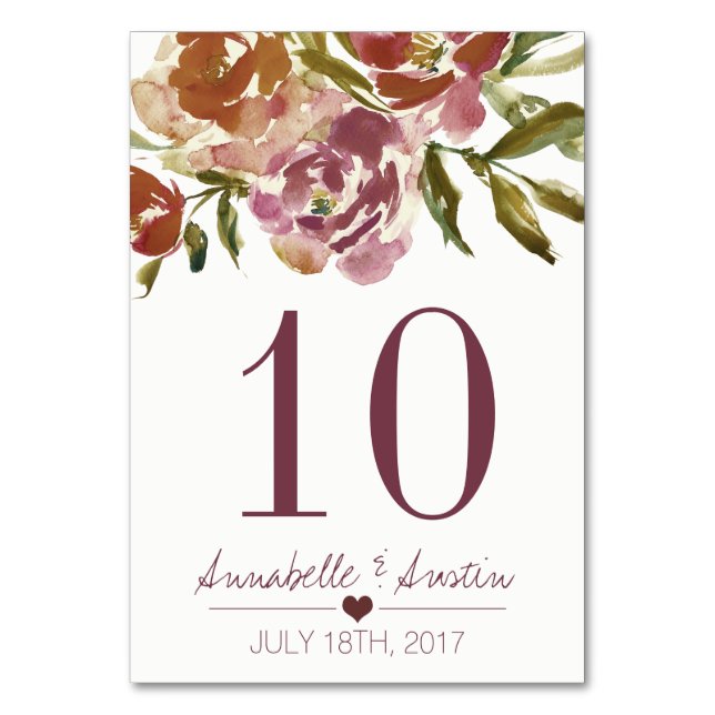 Burgundy Marsala Fall Boda Floral Tarjeta de mesa (Anverso)