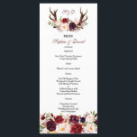 Burgundy Marsala Floral Antlers Monograma Menú<br><div class="desc">Rústico diseño de tarjetas de Monograma de la Rubor Rojo Borgoña Floral con magníficas flores acuáticas, flechas con corazones y ramo de flores como separador; en la parte trasera un fondo real de color burdeos con elegantes ramos florales de acuarela. Utilice la herramienta Personalizar para agregar su información. Puede cambiar...</div>