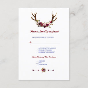Burgundy Marsala Floral Antlers Wedding RSVP