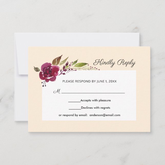 Burgundy Marsala Floral Boda RSVP (Anverso)
