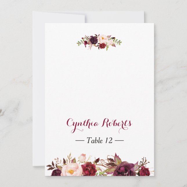 Burgundy Marsala Flores Boda Place Escort Card (Anverso)