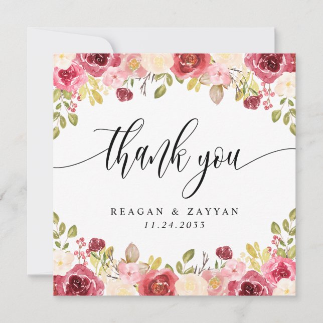 Burgundy Merlot Floral Boda Gracias Tarjeta (Anverso)