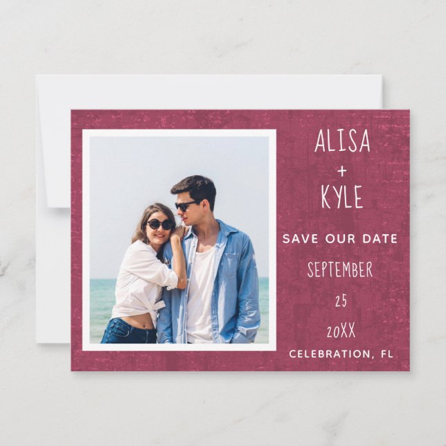 Burgundy Modern Photo Save the Date (Anverso)