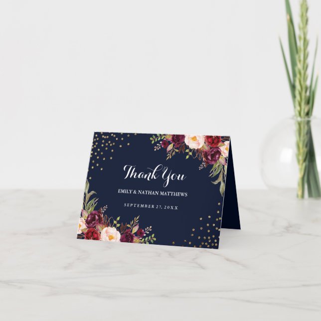 Burgundy Navy Confetti Floral Boda Agradecimiento (Anverso)