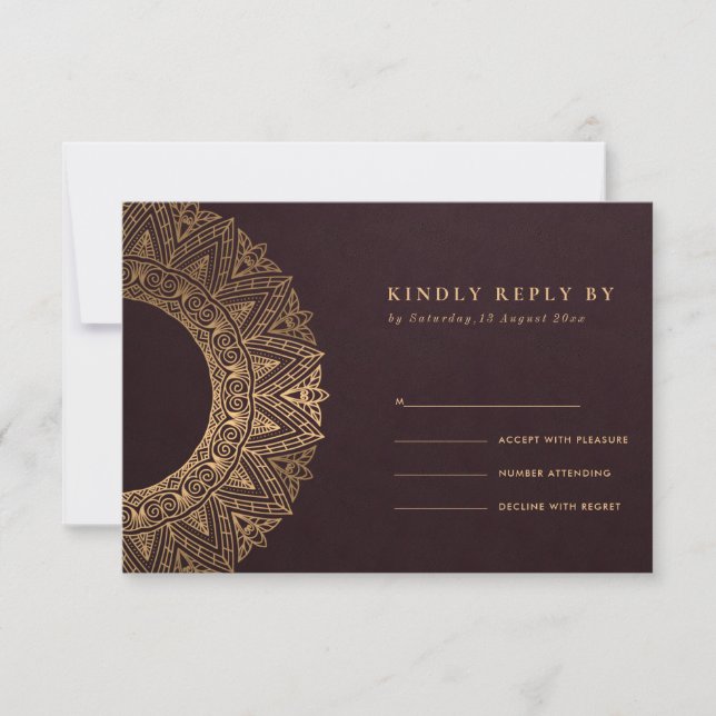 BURGUNDY ORO CLÁSICO ORNADO MANDALA WEDDING RSVP (Anverso)