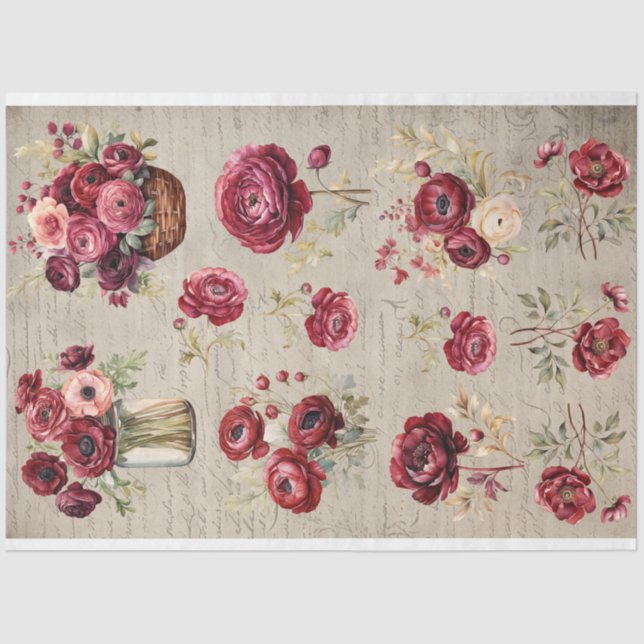 Burgundy Ranunculus vintage papel antiguo (Anverso)